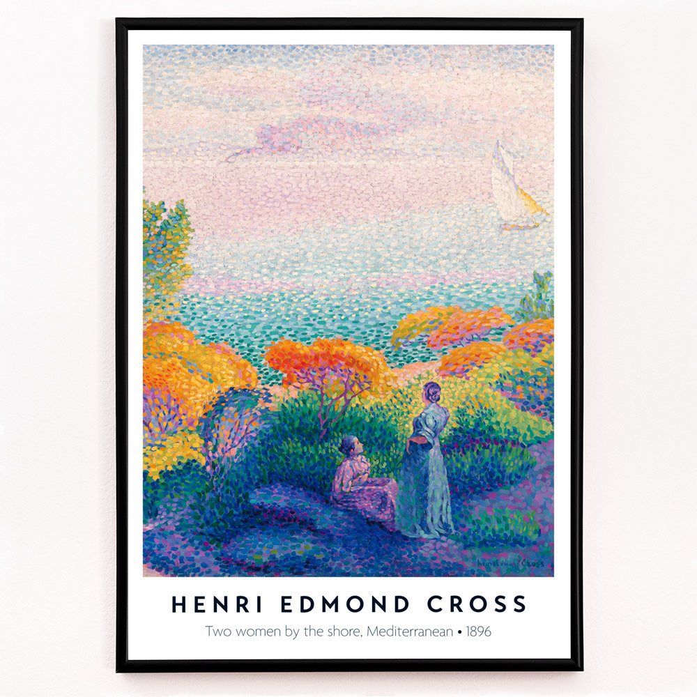 Closeup detail of Colorful seascape poster with two women by the Mediterranean shore bright foliage artwork by Henri Edmond Cross Two Women by the Shore
