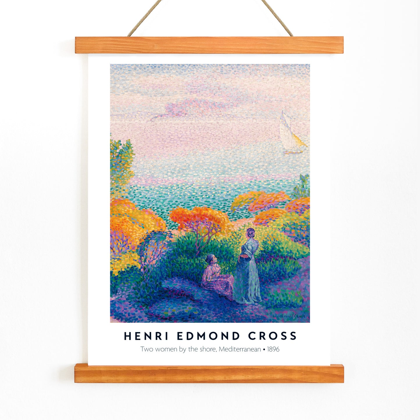 Colorful seascape poster with two women by the Mediterranean shore bright foliage artwork by Henri Edmond Cross Two Women by the Shore, with wooden magnetic frame on white background