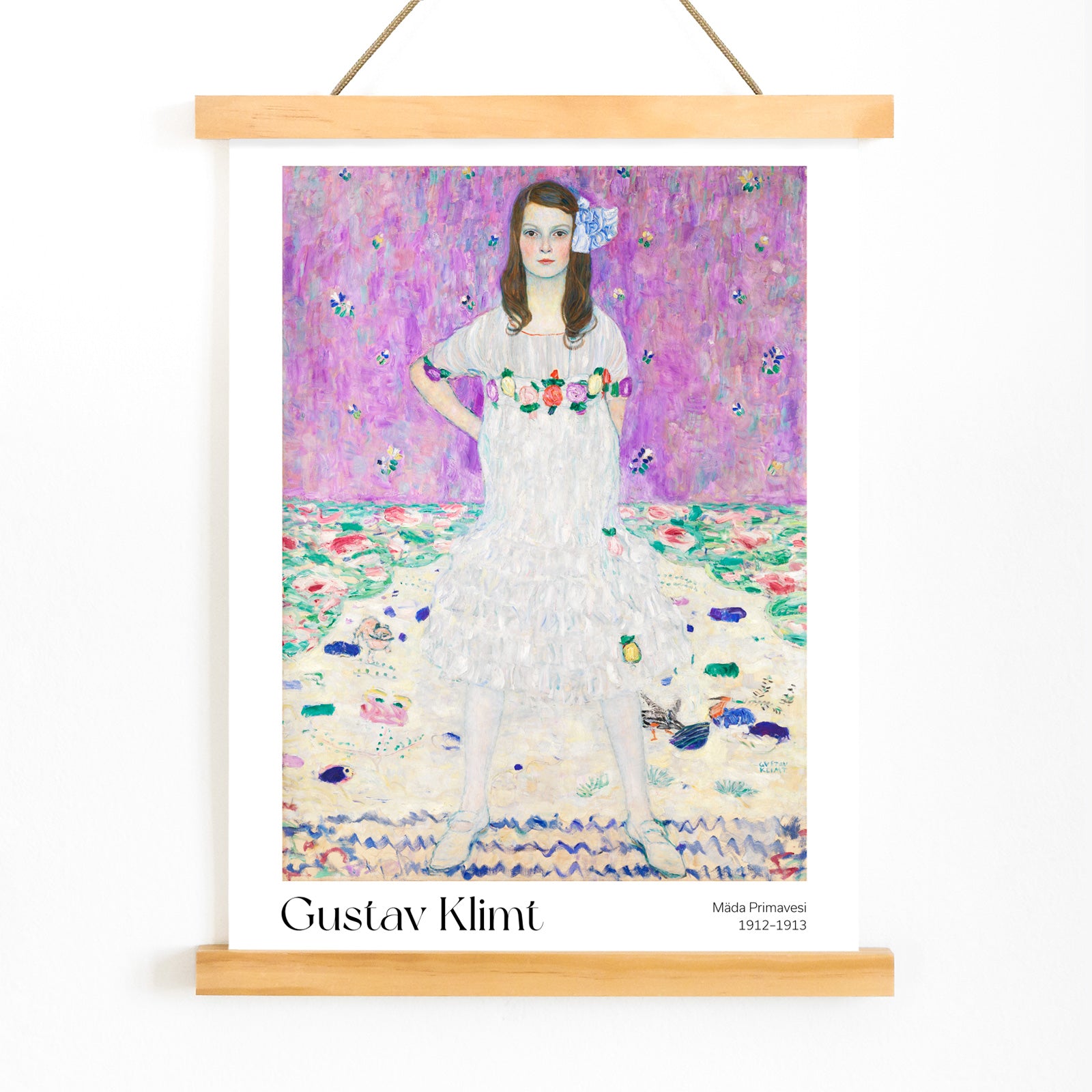 Mada Primavesi by Gustav Klimt poster featuring a young girl in a white dress with a colorful floral background, with wooden magnetic frame on white background