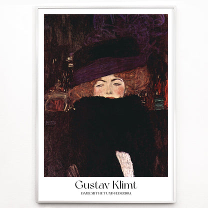 Closeup detail of Elegant woman with hat and feather boa painted by Gustav Klimt Dame mit Hut und Federboa poster showing a woman in elegant attire