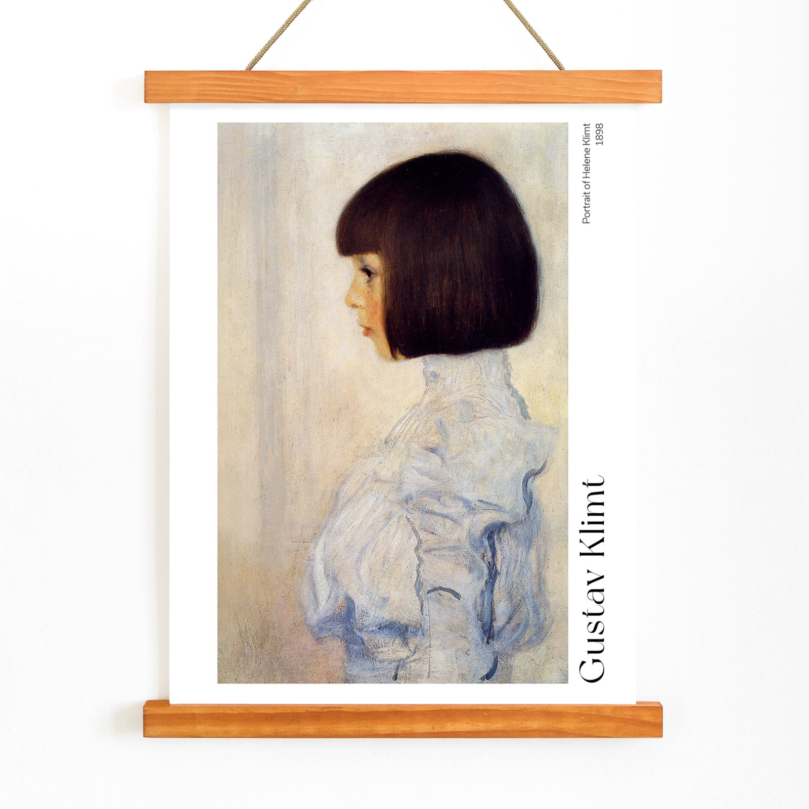 Side profile of young girl in white dress and blouse Portrait of Helene Klimt by Gustav Klimt poster, with wooden magnetic frame on white background