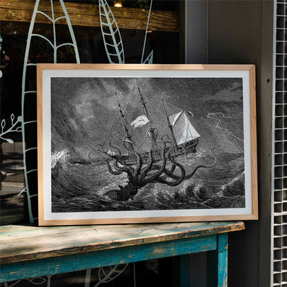 The Kraken attacking a ship in stormy seas sea monster poster titled The Kraken as seen by the eye of imagination, framed and displayed in home decor