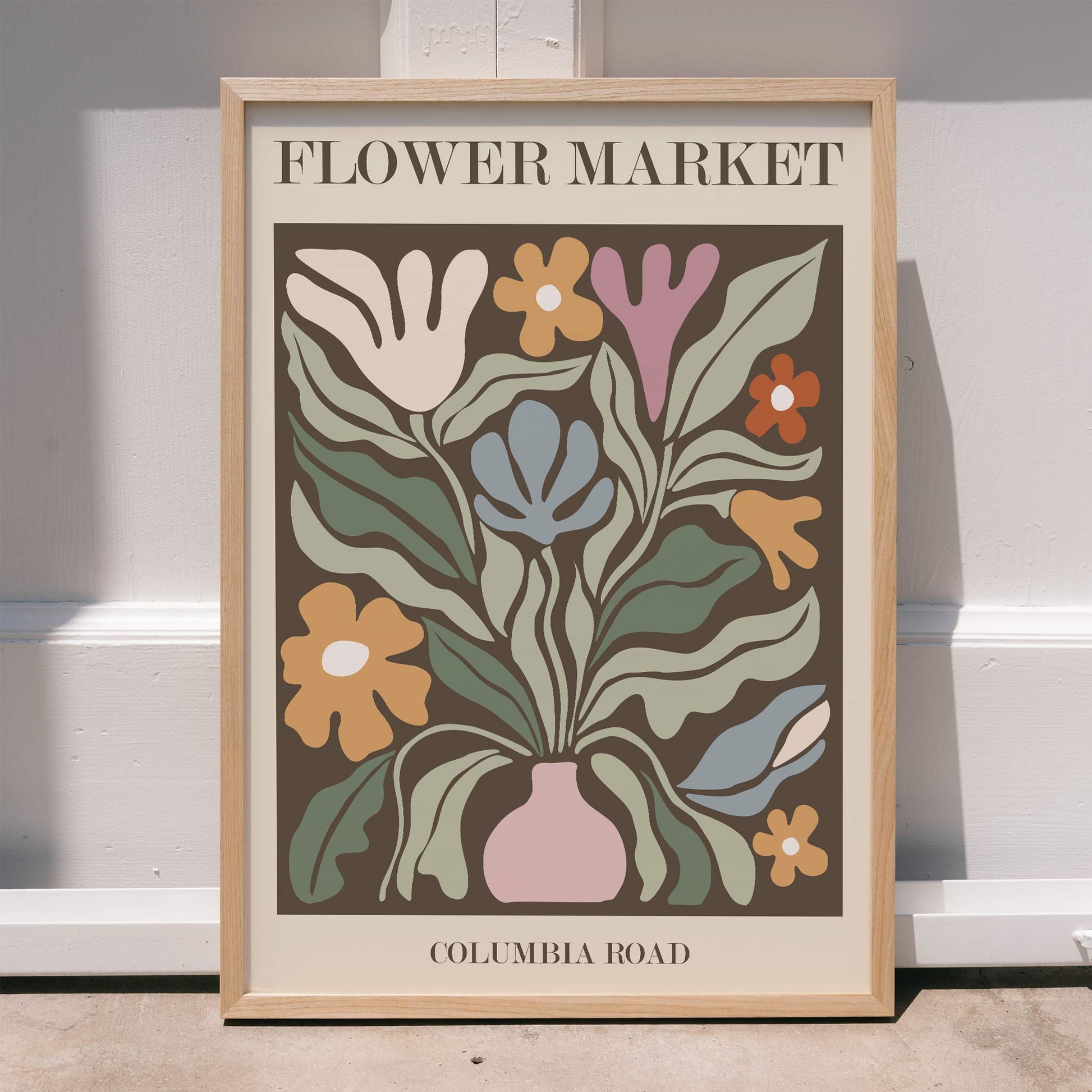 Colorful floral artwork poster Flower Market Columbia Road by Moryarty featuring abstract flowers in a vase, framed and displayed in home decor