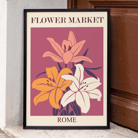 Colorful floral illustration poster of vibrant lilies with text Flower Market Rome by Moryarty on maroon background, framed and displayed in home decor