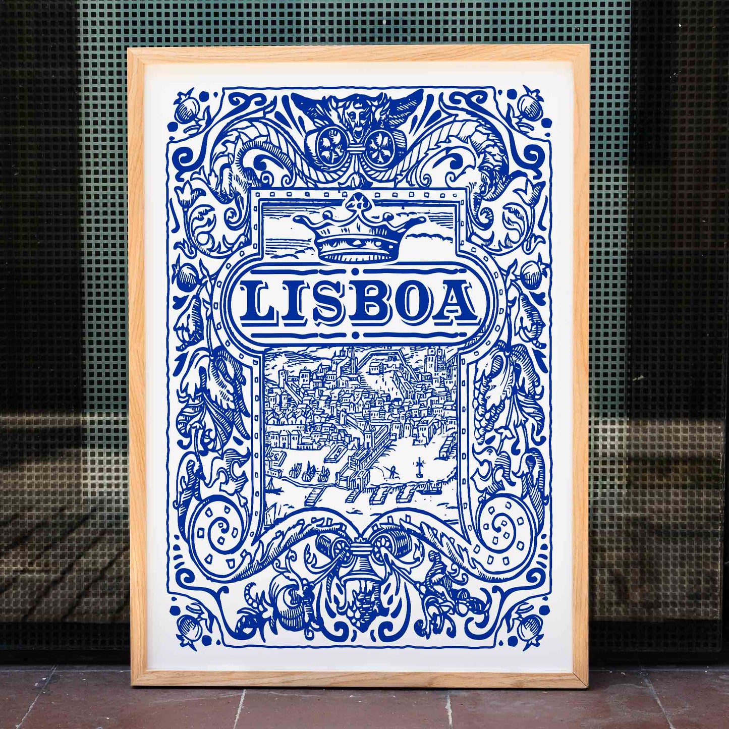 Artistic depiction and poster of Lisbon cityscape in blue and white azulejos with ornate designs titled Lisbon Azulejo Blue painted tile 2, framed and displayed in home decor