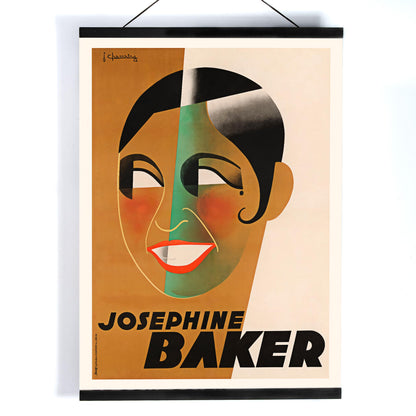 Art Deco poster of Josephine Baker by J Chassaing featuring bold geometric shapes and modern colorful style, with wooden magnetic frame on white background