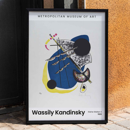 Abstract geometric art poster with bold colors blue yellow and black featuring Kleine Welten II Small Worlds II by Wassily Kandinsky, framed and displayed in home decor