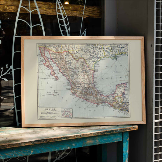 Antique map of Mexico by Institute of Liepzig detailed geographic illustration showing regions and borders German antique map poster, framed and displayed in home decor
