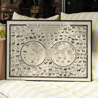 Dogs of All Nations Map by Frantz E illustrated poster featuring various dog breeds from around the world, framed and displayed in home decor