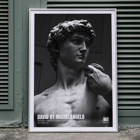 David by Michelangelo Buonarroti classic sculpture and grayscale poster from Mo Art Gallery Florence, framed and displayed in home decor