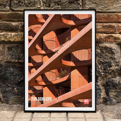 Modern architectural abstract artwork Zug Schleife Switzerland by Mo Art Gallery featuring geometric patterns shadows and orange hues, framed and displayed in home decor