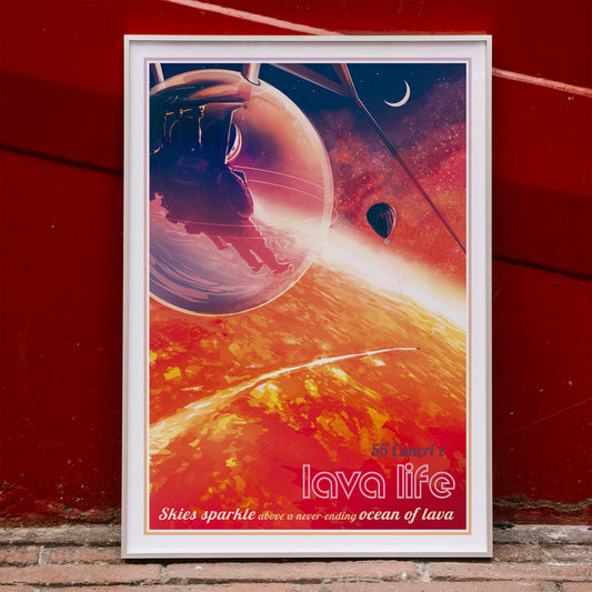 Astronaut in a pod above a glowing lava planet with a hot air balloon and crescent moon in Lava Life by NASA poster, framed and displayed in home decor