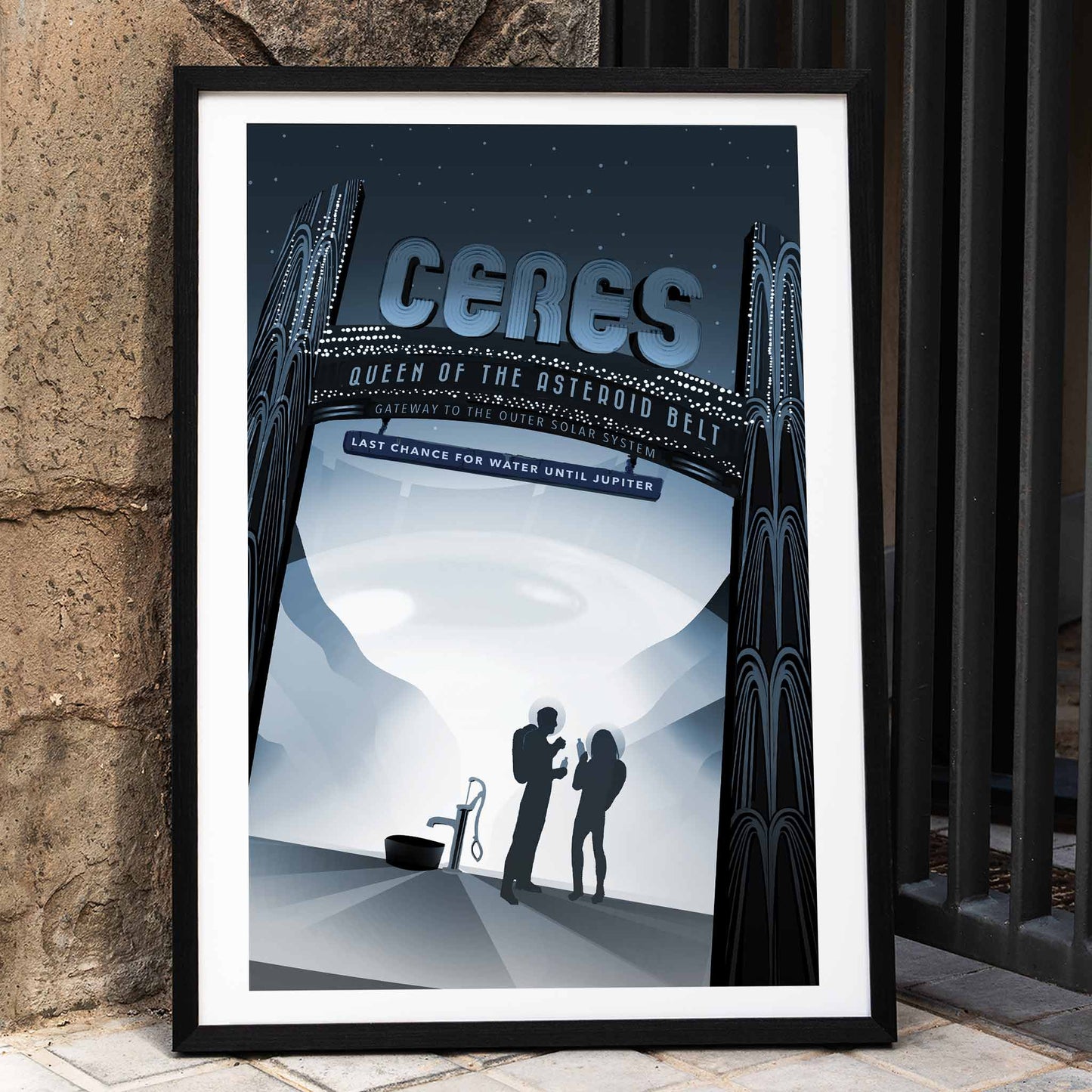 Space travel art illustration of Ceres Queen of the Asteroid Belt by NASA featuring two people at a water pump under a starry sky, framed and displayed in home decor