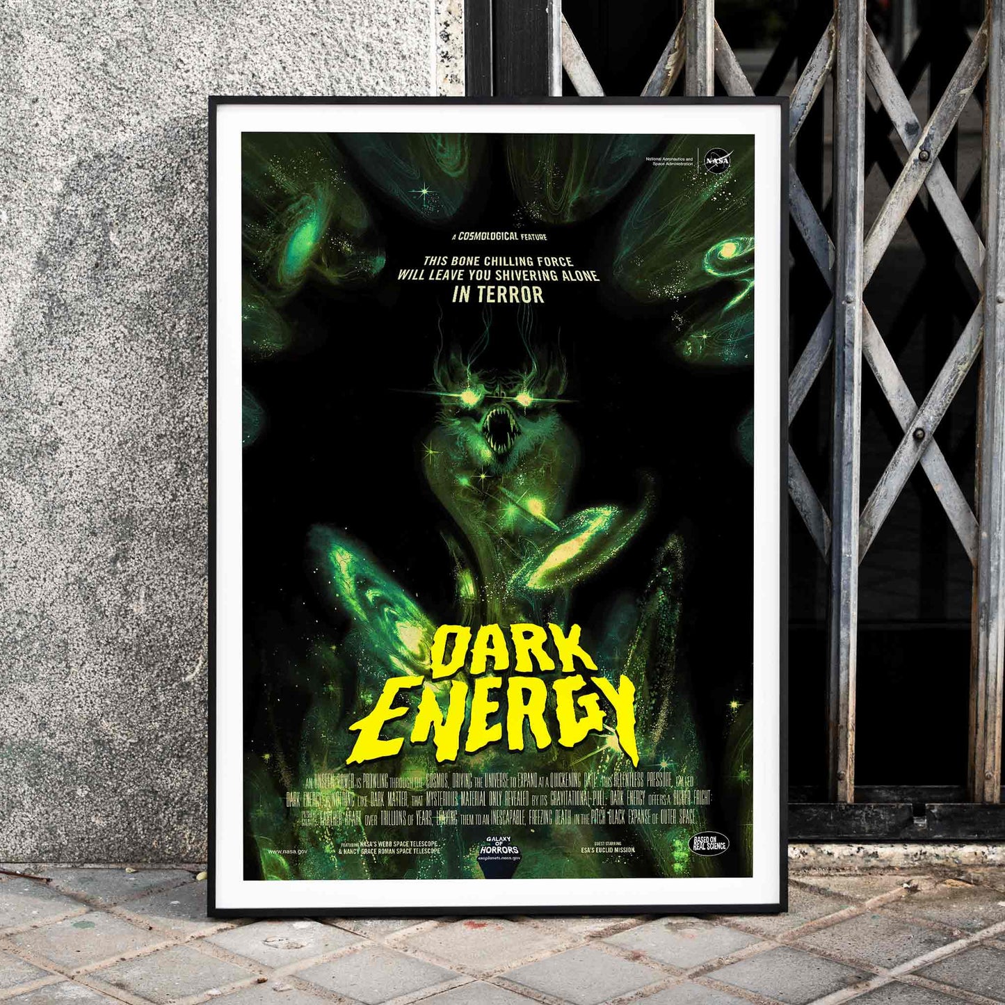 Dark Energy by NASA space-themed poster featuring a menacing alien monster dark eerie illustration and glowing green text, framed and displayed in home decor