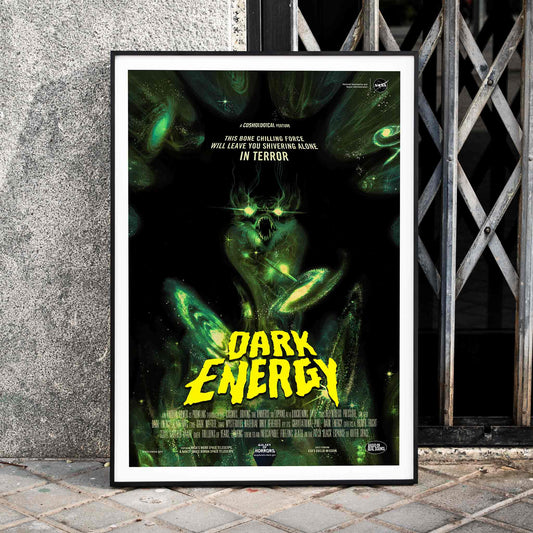 Dark Energy by NASA space-themed poster featuring a menacing alien monster dark eerie illustration and glowing green text, framed and displayed in home decor