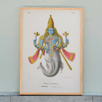 Matsyavatara by Jean-Jacques Chabrelie colorful poster of a deity with fish tail and ornate attire, framed and displayed in home decor