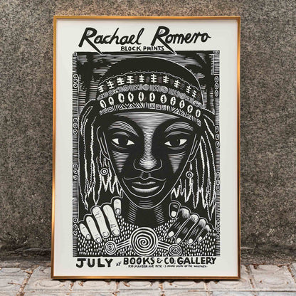 Black and white portrait block print poster with intricate patterns by Rachael Romero at Books and Co gallery, framed and displayed in home decor