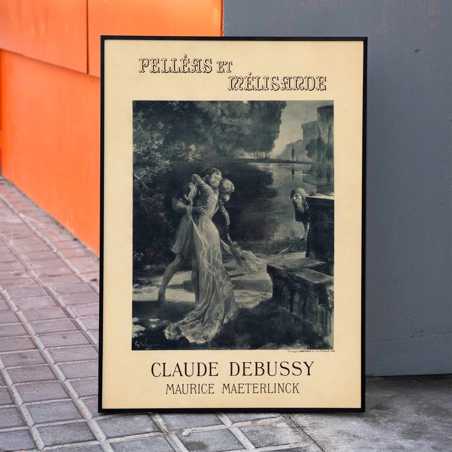 Artistic poster for Claude Debussy and Maurice Maeterlincks Pelleas et Melisande at Theatre de lOpera Comique featuring characters by a river for the premiere, framed and displayed in home decor