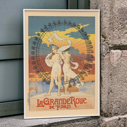 Two women in flowing dresses in front of a Ferris wheel at sunset colorful sky La Grande Roue artwork poster, framed and displayed in home decor
