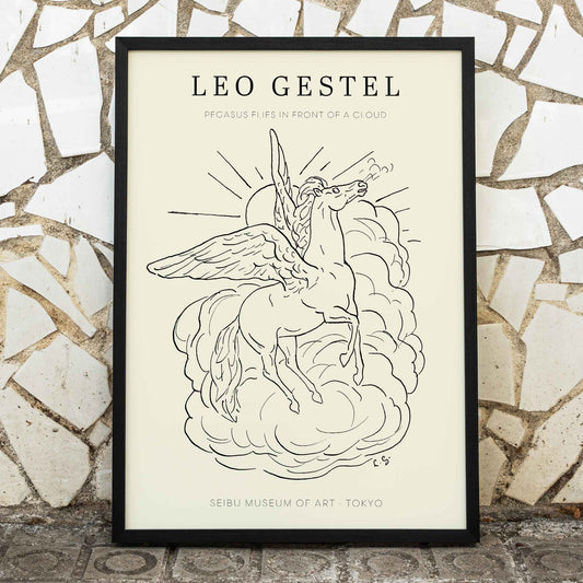 Pegasus flying in front of clouds line drawing illustration by Leo Gestel poster, framed and displayed in home decor