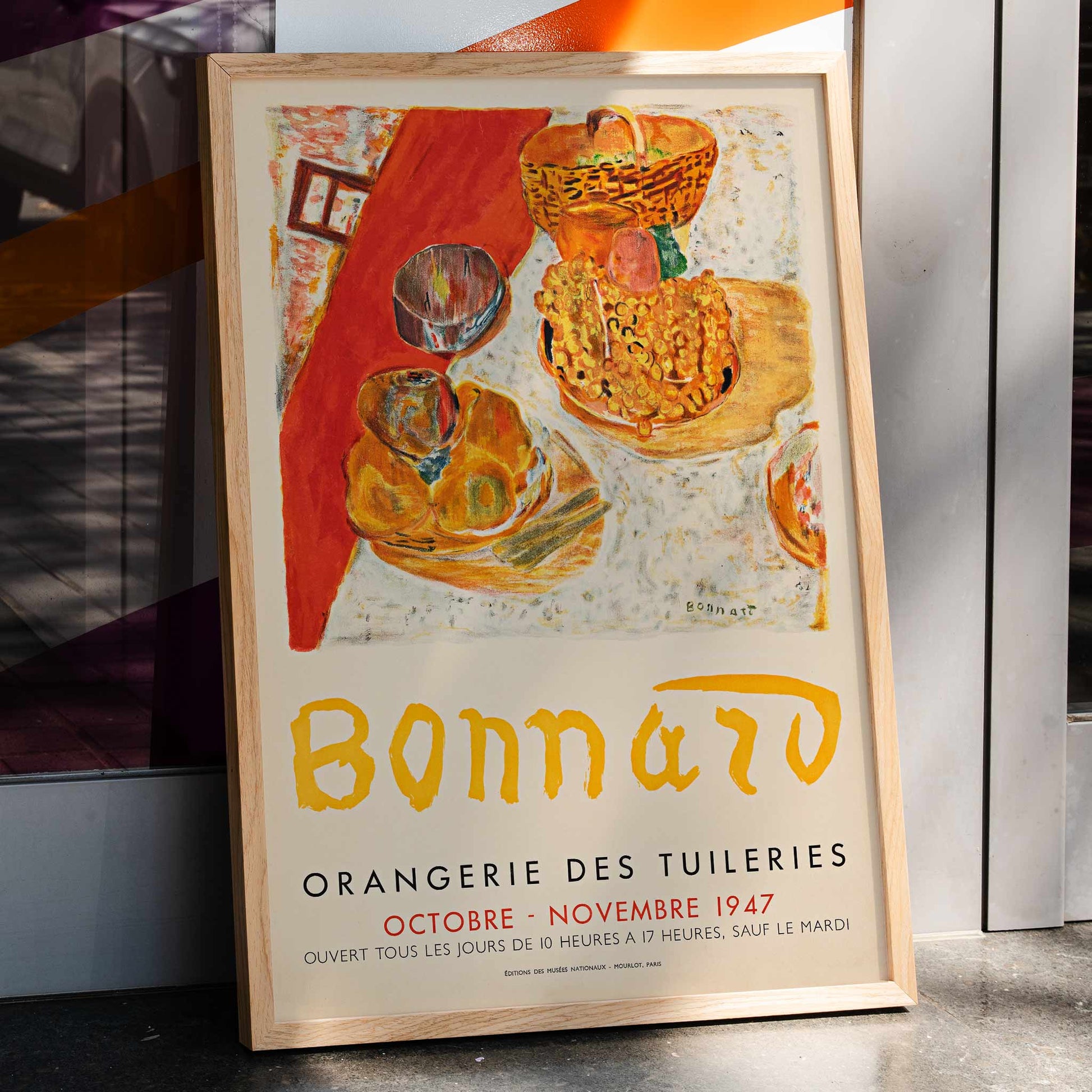 Poster for Exposition Bonnard at Orangerie des Tuileries featuring vibrant still life painting by artist Bonnard, framed and displayed in home decor