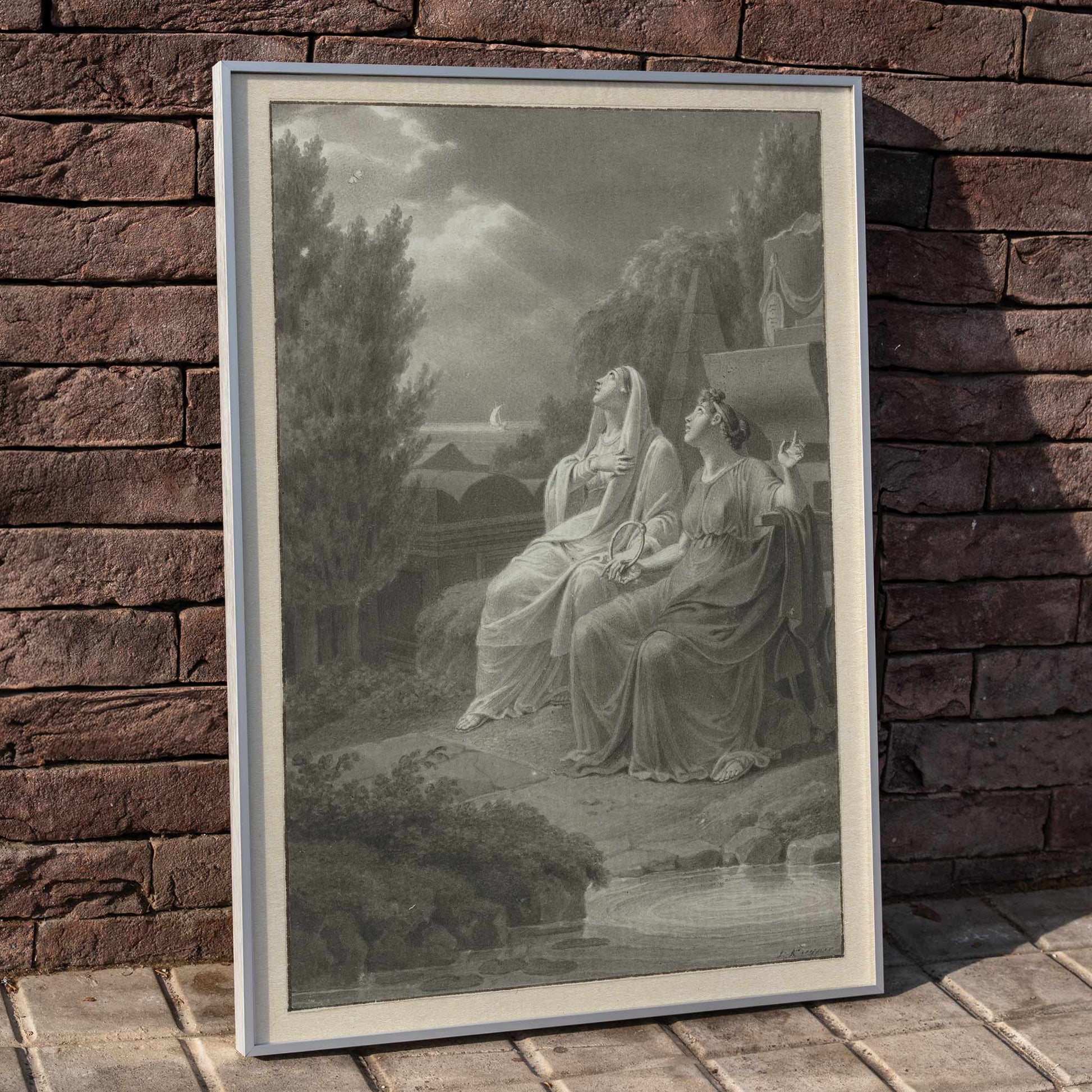 Two women in classical attire seated outdoors gazing at the night sky artwork by Jacques Kuyper, framed and displayed in home decor