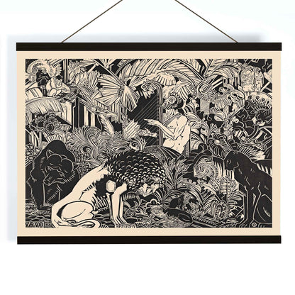 Orpheus playing harp surrounded by animals in lush jungle artwork by Henri van der Stok poster, with wooden magnetic frame on white background