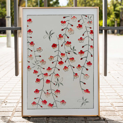 Cherry blossom branches and red flowers artwork by Watanabe Seitei from Bijutsu Sekai Japanese poster illustration, framed and displayed in home decor