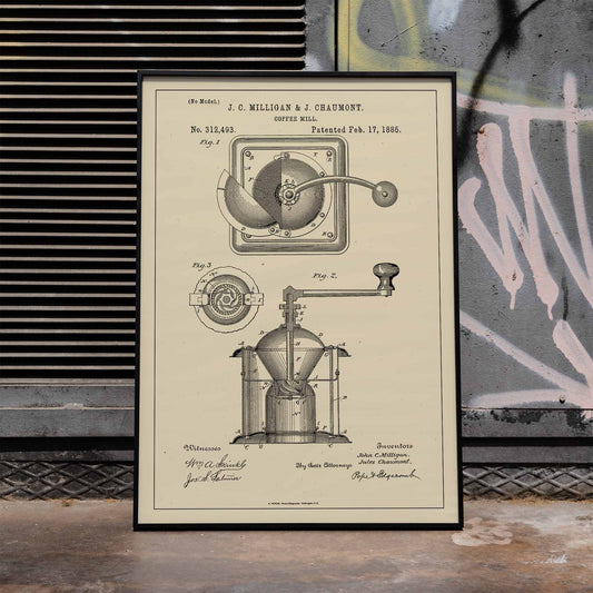 Detailed black and white illustration and patent poster of a mechanical coffee grinder by J C Milligan titled Coffee Mill showing detailed components, framed and displayed in home decor
