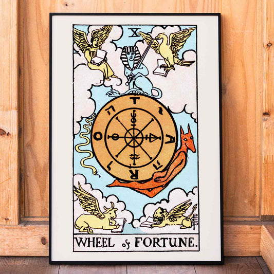 Tarot The Wheel Of Fortune by Rider Waite featuring a mystical wheel surrounded by mythical creatures poster and card artwork, framed and displayed in home decor
