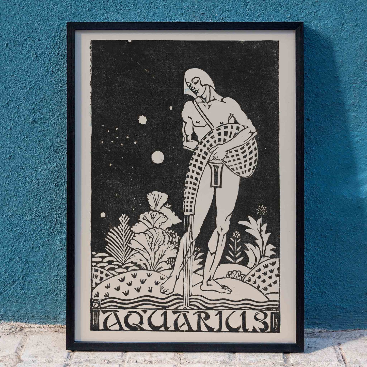 Aquarius zodiac sign artwork by Henri van der Stok featuring water bearer and nude figure pouring water in stylized landscape, framed and displayed in home decor