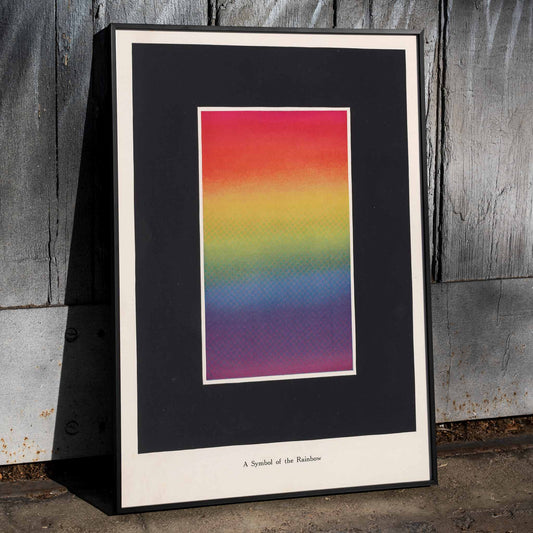 Vibrant rainbow gradient artwork titled A Symbol of the Rainbow from The Theory and Practice of Color by Bonnie E Snow, framed and displayed in home decor