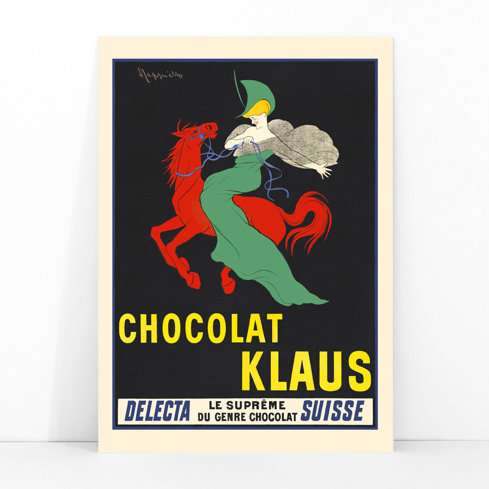 Chocolat Klaus poster by Leonetto Cappiello showing a woman in a flowing green dress riding a red horse on a black background, framed and displayed in modern living room decor