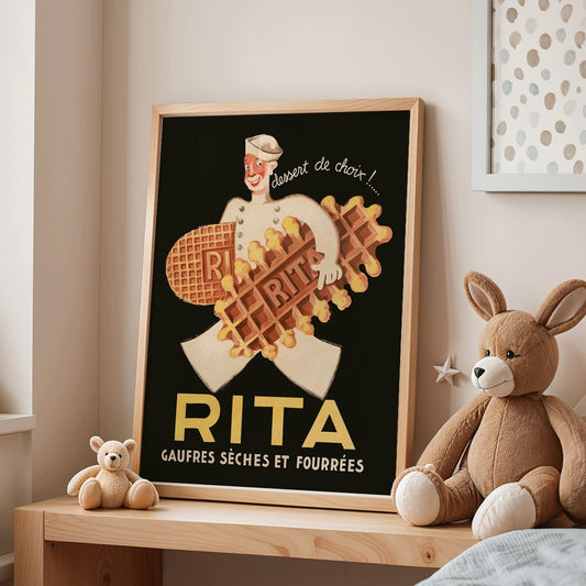 Chef holding waffles with dessert de choix by Leon Dupin titled Rita Gaufres on a vintage style poster promoting desserts, framed and displayed in home decor