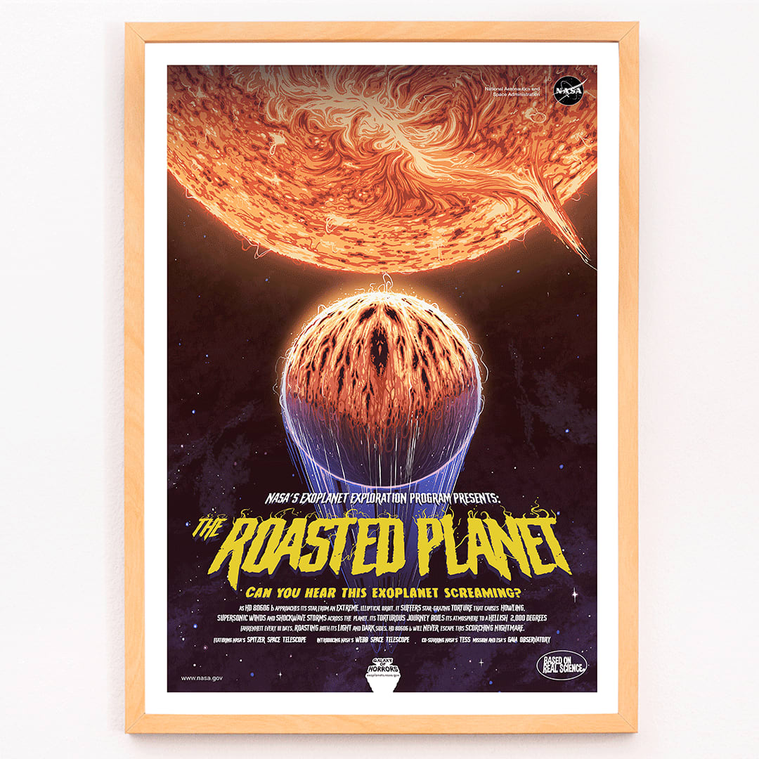 NASA poster of The Roasted Planet exoplanet being scorched by its star with vivid eruptions and a burning surface, framed and displayed in modern living room decor