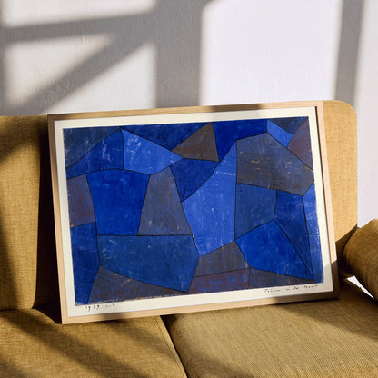 Blue geometric abstract artwork titled Rocks at Night by Paul Klee featuring varied shades and textures poster, framed and displayed in modern living room decor
