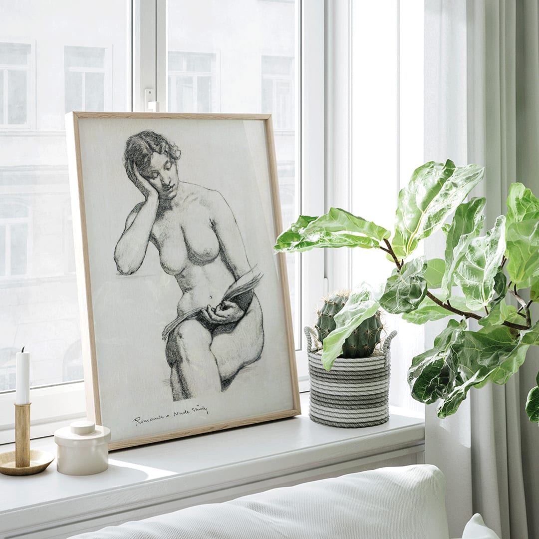 Nude Study 1896 by Kenion Cox pencil sketch of a seated nude woman reading a book contemplative expression art poster, framed and displayed in home decor