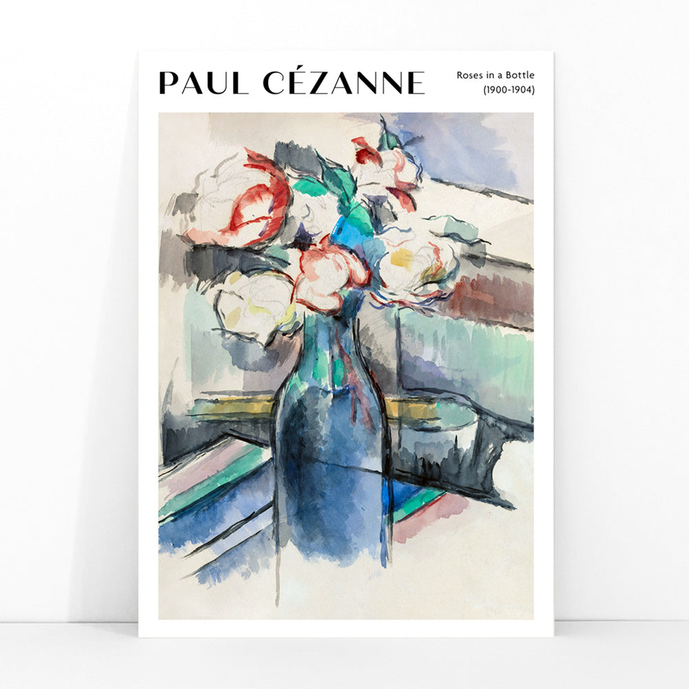 Still life painting of roses in a blue bottle by Paul Cezanne titled Roses in a Bottle watercolor art poster for art lovers, framed and displayed in modern living room decor