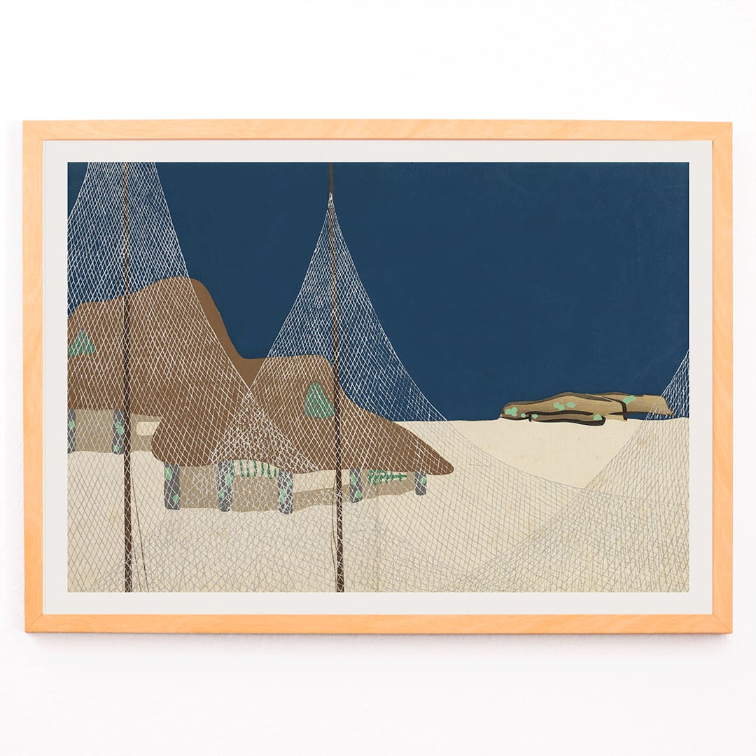 Ryoson by Kamisaka Sekka coastal scene with fishing nets mountains net-covered structures blue sky and landscape, framed and displayed in modern living room decor
