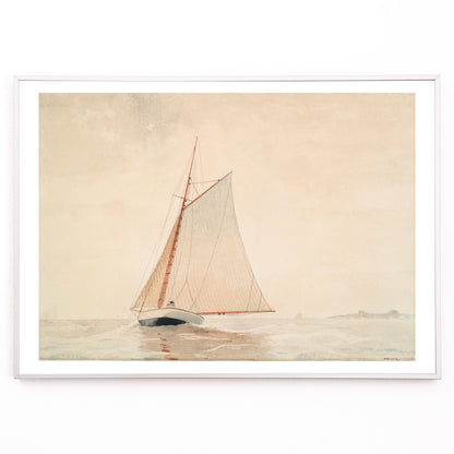 Closeup detail of Sailboat on calm water under light sky Sailing off Gloucester by Winslow Homer wall art poster decor