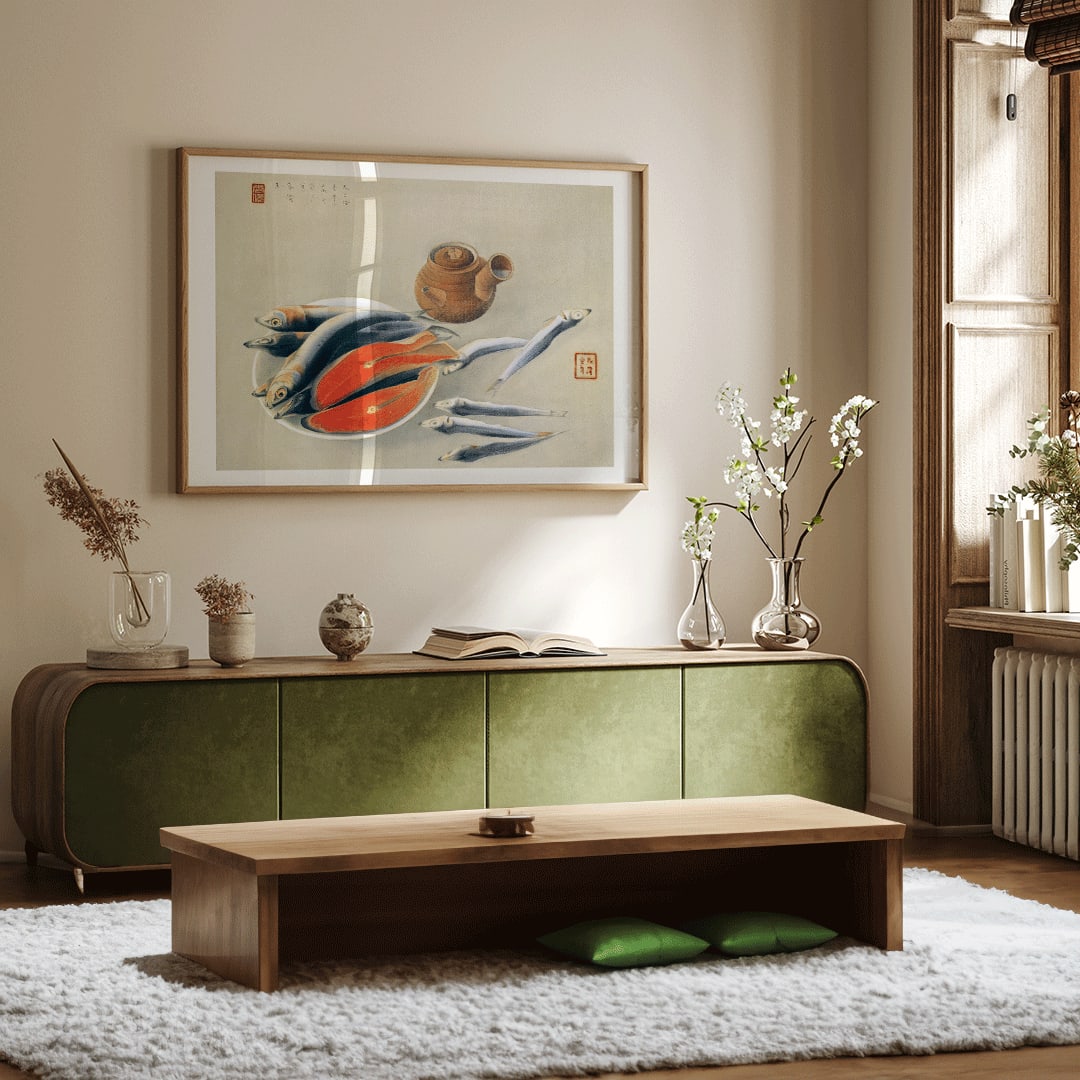 Salmon Slices and Sardines by Tsuchida Bakusen poster featuring fish and teapot still life kitchen wall art decor, framed and displayed in home decor