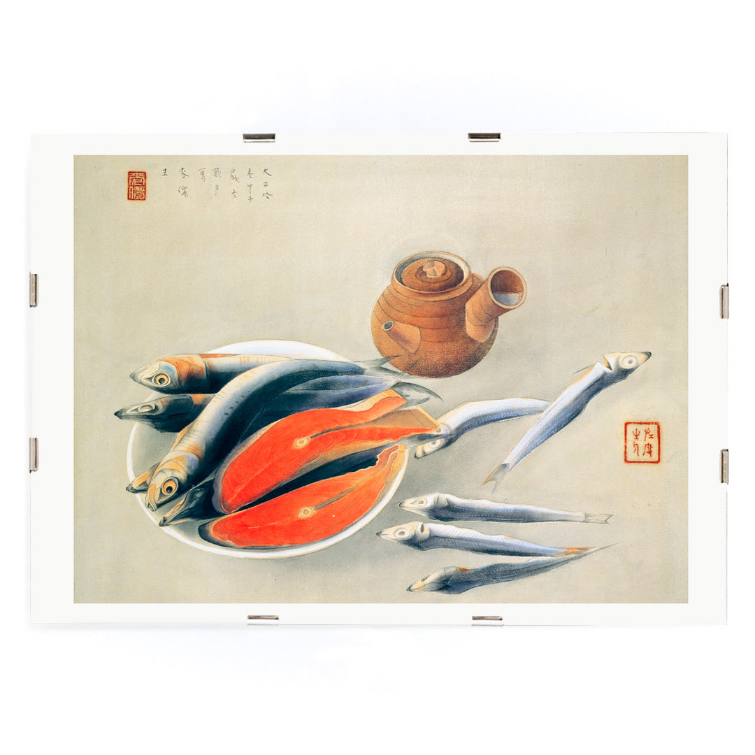 Salmon Slices and Sardines by Tsuchida Bakusen poster featuring fish and teapot still life kitchen wall art decor, framed and displayed in modern living room decor