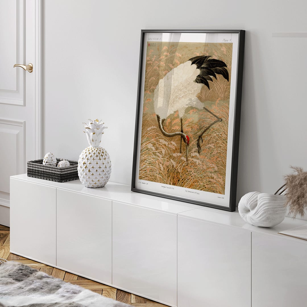 Sarus crane standing in a rice field artwork by Samarai and The Ornamental Arts Of Japan, framed and displayed in home decor