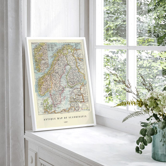 Vintage map of Scandinavia German antique wall art by Institute of Liepzig detailed geographic poster for home or office decor, framed and displayed in home decor