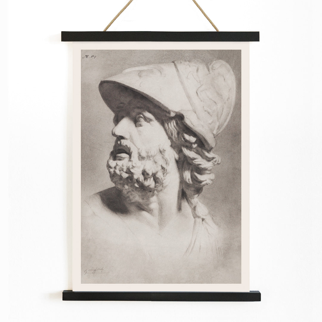 Roman head with helmet by Gerrit Willem Dijsselhof realistic pencil drawing of bearded man classical sculpture artwork poster, with wooden magnetic frame on white background