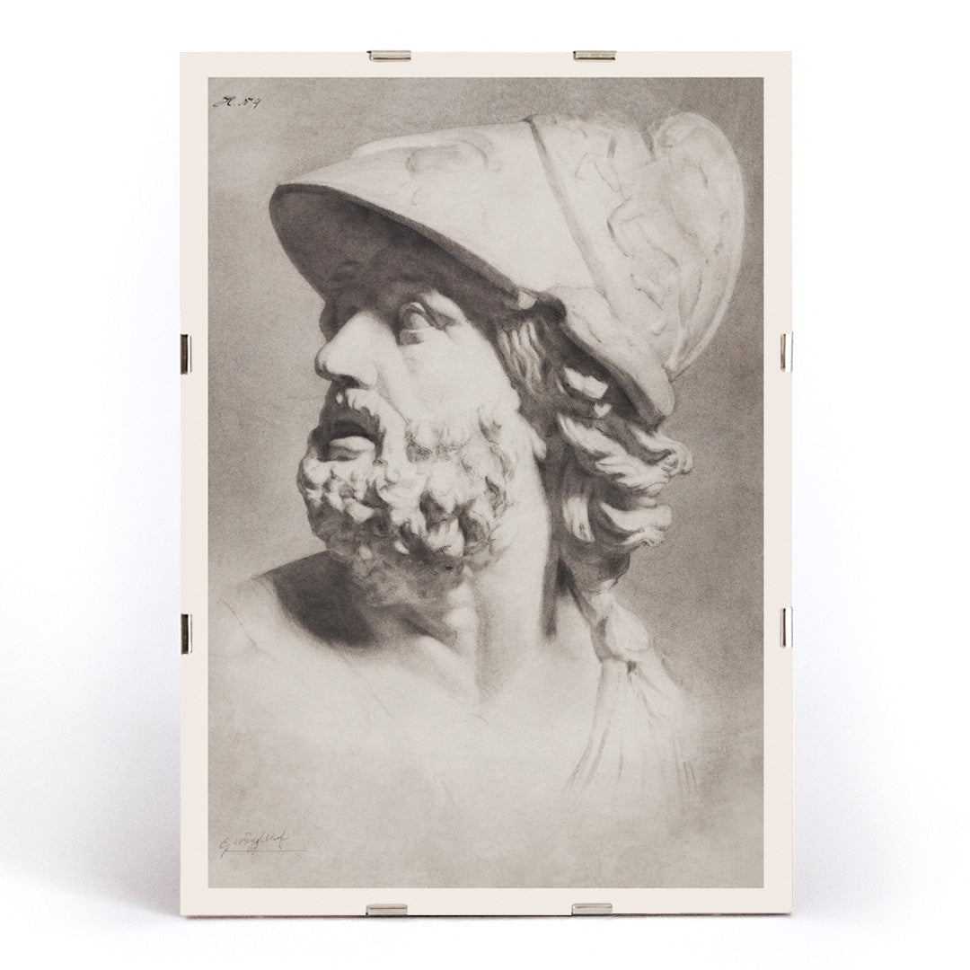 Roman head with helmet by Gerrit Willem Dijsselhof realistic pencil drawing of bearded man classical sculpture artwork poster, framed and displayed in modern living room decor