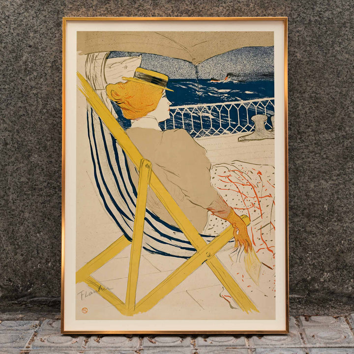 Henri de Toulouse-Lautrec La passagère du 54 poster with seated woman on deck blue sea striped chair and yellow accents, framed and displayed in modern living room decor