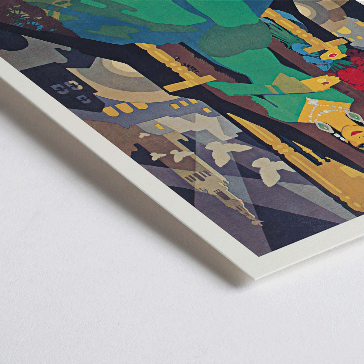 Closeup detail of Art Deco illustrated poster of Sevilla Fiestas de primavera by artist featuring Semana Santa Feria Exposición Ibero-Americana and a woman in a green dress with doves and cityscape in the background