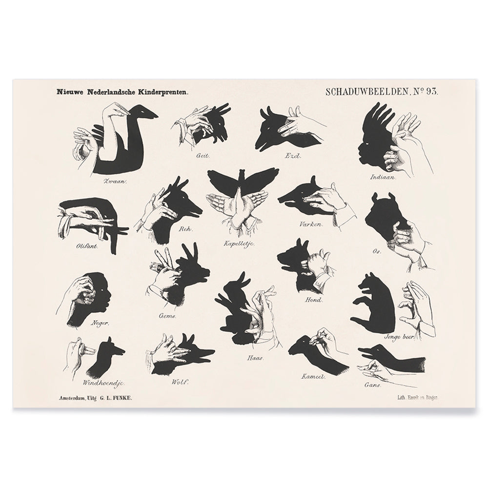 Vintage hand shadow puppet illustrations and animal shapes poster from Shadow Hands by George Lodewijk Funke artwork, with black aluminium frame on white background