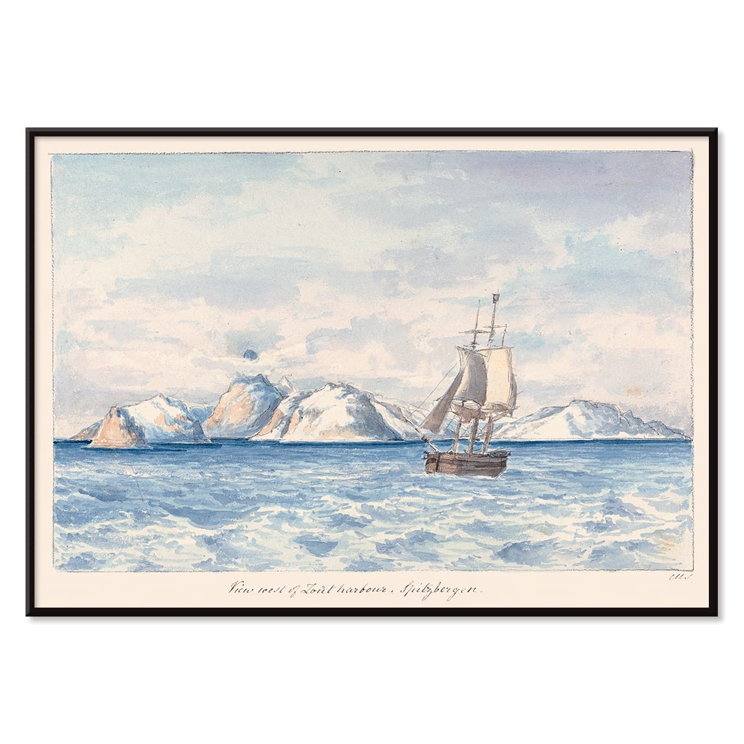 Sailing ship near snowy mountains in View West of Lout Harbour Spitzberger by Charles Hamilton Smith poster painting with sailboat and icy mountains in background, with black aluminium frame on white background
